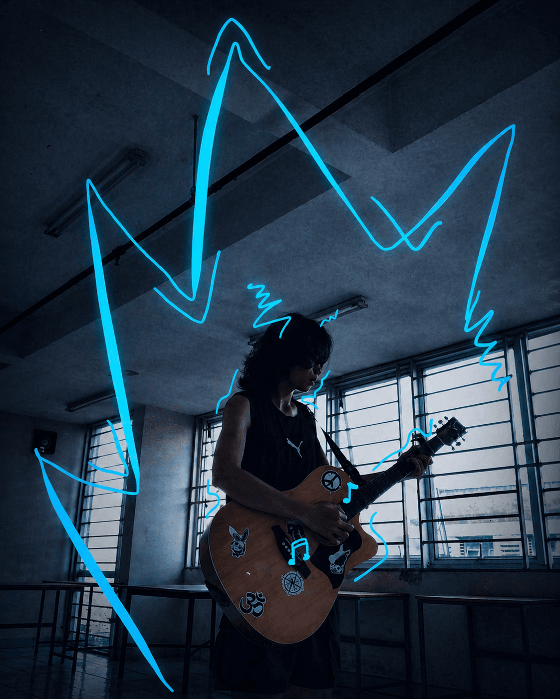 Moody guitar portrait with cyan scribbles